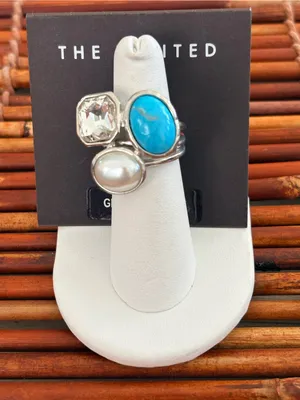 The Limited Silver-tone Trio Ring Turquoise, Pearl & Clear Stone Size 6.75 NWT thumbnail 1