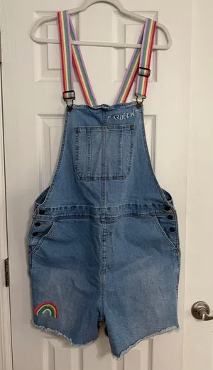 Denim Rainbow Stripe queen embroidered Overalls cut off Shorts women’s size XL thumbnail 1