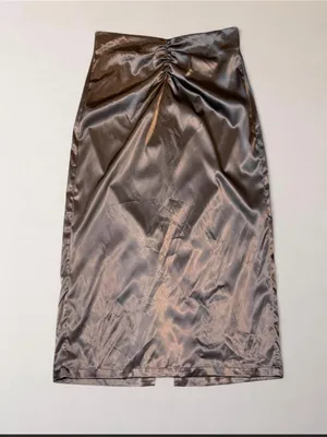Commense Size L Chocolate Brown Satin Ruched Midi Skirt Slit thumbnail 4