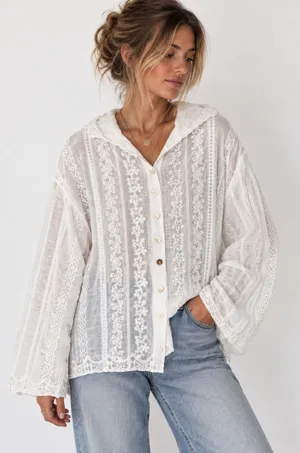 POL White Embroidered Eyelet Lace Button Front Blouse Boho Romantic Cottagecore thumbnail 1