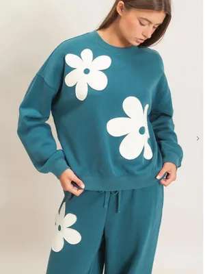 NEW Double Zero Teal Floral Appliqué Fleece Sweatshirt Jogger Set Medium thumbnail 6
