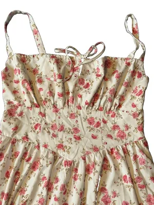Rose Floral Cottagecore Smocked Back Tie Front Midi Dress XL Coquette Milkmaid thumbnail 7