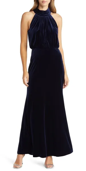 Eliza J Navy‎ Blue Velvet Halter Neck Maxi Gown EJ1M9028 Womens 8 NWT thumbnail 1
