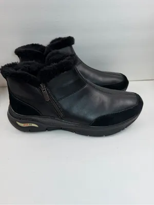 Skechers Arch Fit Women’s 11 Black Leather Faux Fur Ankle Boots Zip Comfort thumbnail 14