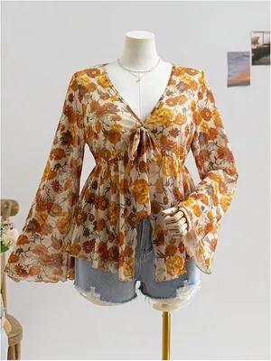 Floral Print V Neck Long Sleeve Bow Tie Front Sheer Blouse Top thumbnail 1