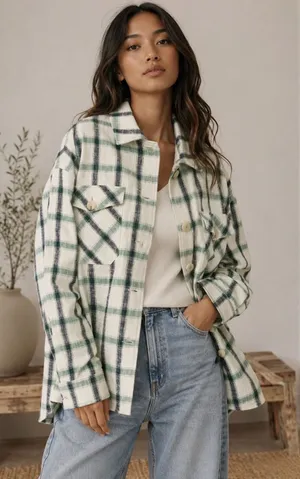 Zara‎ Womens XL Green Black Plaid Button Down Shacket Oversized Textured Jacket thumbnail 1