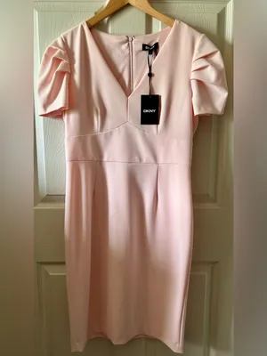 DKNY Pink Pleated Short Sleeve V-Neck Sheath Dress Sz 10 Autumn Wedding Guest thumbnail 4