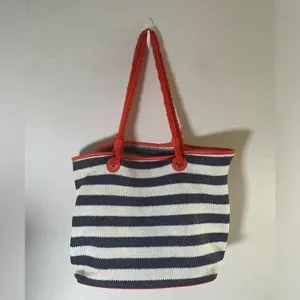 Vera Bradley Navy‎ and White Striped Beach Tote with Tassels GUC thumbnail 5