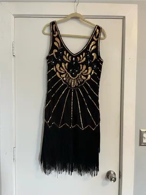 Babeyond Black & Gold Art Deco Fringe Cocktail Dress flapper costume sequins thumbnail 2