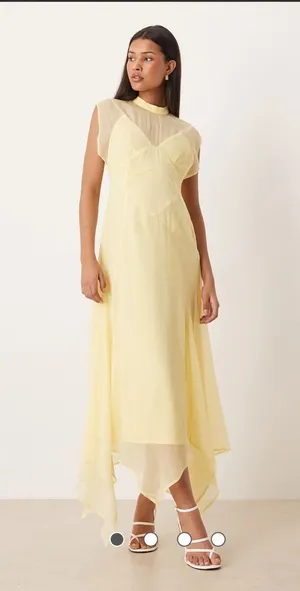 ASOS DESIGN high neck handkerchief hem chiffon maxi dress in butter yellow thumbnail 1