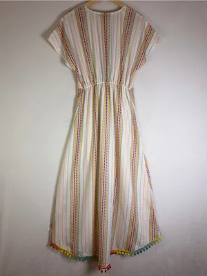 America & Beyond M Rainbow Stripe Pom Pom Maxi Dress Boho Resort Beach Vacation thumbnail 9