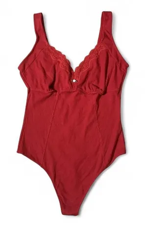 Colsie Lace‎ Trim Ribbed Knit Bodysuit Women XL Red V-Neck Sleeveless Coquette thumbnail 1