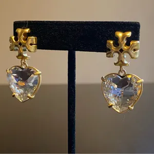 Tory Burch Kira Crystal faceted heart drops hanging from TB logo studs thumbnail 6