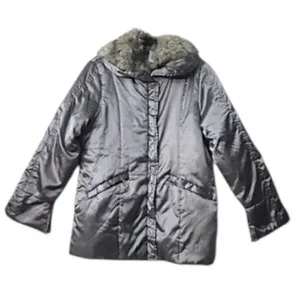 Womens Silver‎ Puffer Jacket Coat Faux Fur Trim Hooded Winter Cabincore Large thumbnail 3