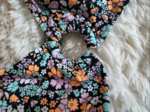 NWOT Juniors Floral Cutout One-Piece Swimsuit - Black with Pastel Flowers thumbnail 2