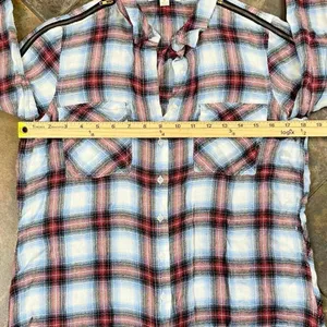 Olive & Oak Plaid Button Down Zipper Shoulder Split Tail Blouse Small thumbnail 6