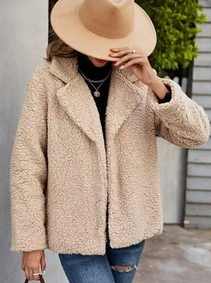 Womens NWOT Beige Sherpa Fleece open front Jacket oversized warm size small thumbnail 1