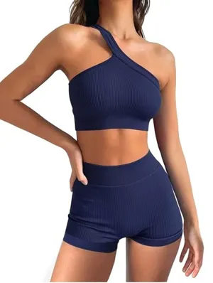 New Ribbed One-Shoulder Crop Top & High-Waist Shorts Set - Navy Size S thumbnail 1