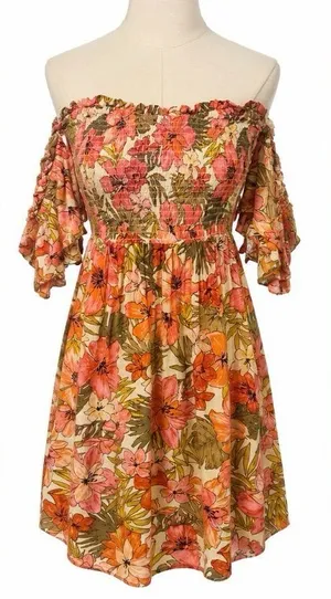 Billabong Coral and Olive Floral Off-the-Shoulder Dress Size Medium thumbnail 1
