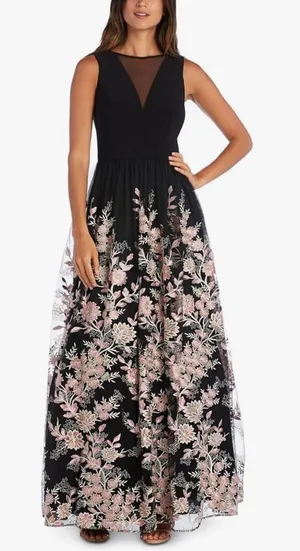 Morgan‎ & Co Women's Juniors Size 3 Evening Dress Black Pink Embroidered Floral thumbnail 1