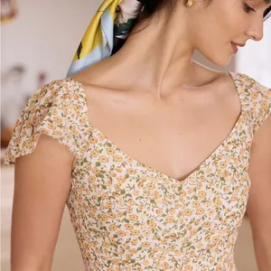 RIHOAS The Yellow V Neck Floral Slit Midi Dress thumbnail 4