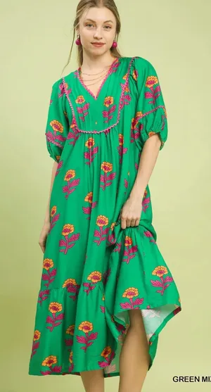 Umgee Floral Print Midi Dress - Green - Small thumbnail 1