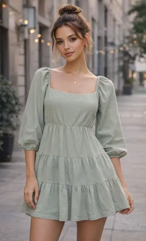 Shinestar Sage Green Tiered Babydoll Dress‎ Peasant Cottagecore Earthy Neutral thumbnail 1