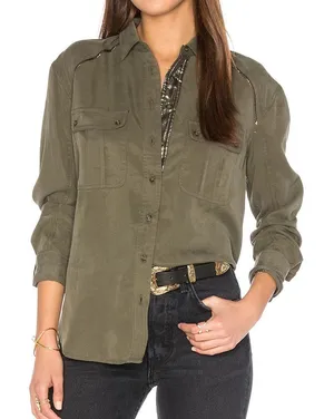 Free People Off Campus Shirt Womens XS Moss‎ Green Tencel Metallic Boho Utility thumbnail 1