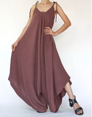 Bagus Brown Lagenlook Style Wide Leg V Neck Boho Casual Jumpsuit Tie Straps OS thumbnail 1