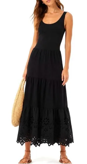 J Crew Black Eyelet Hem Tiered Maxi Dress XS thumbnail 1