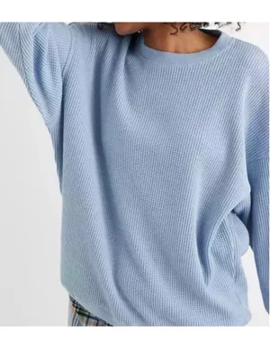 Aerie Blue Waffle Crewneck Oversized Pullover Sweatshirt Size Small thumbnail 2