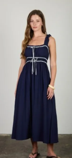 Shirred Stripe Front Tie Sleeveless Midi Dress thumbnail 1