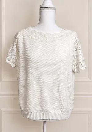 Vintage Ivory Pointelle Knit Flutter Sleeve Scalloped Sweater Top thumbnail 1