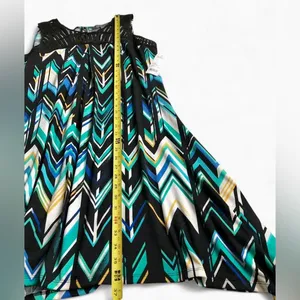 NWT NY Collection Wom Sleeveless Asymmetrical Chevron Dress Black Teal & Blue L thumbnail 5