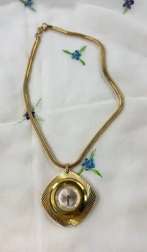 Vintage Waltham Pendant‎ Watch Necklace Gold Tone Sunburst Floral Swiss Made thumbnail 1