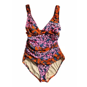 J.Crew Floral Ruched One Piece Swimsuit Pink Orange V Neck Size 8 Beach Resort thumbnail 3