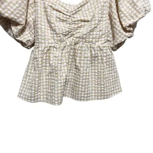 Old Navy Women Cottage Gingham Peplum Top L Tan\ Smocked Milkmaid Puff‎ Sleeve thumbnail 4