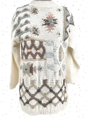 Vintage Winter Sweater Chunky Hand Knit Texture Oversized Boxy Cream Tan Size M thumbnail 1