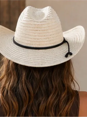 Women's Straw Cowboy Hat - Cream with Black Band thumbnail 3