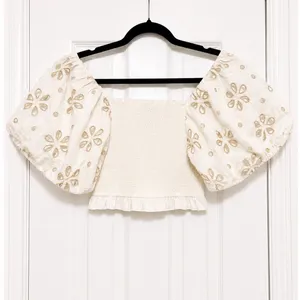 Surf Gypsy Cream Eyelet Puff Sleeve Crop Top Smocked Blouse Small Boho thumbnail 2