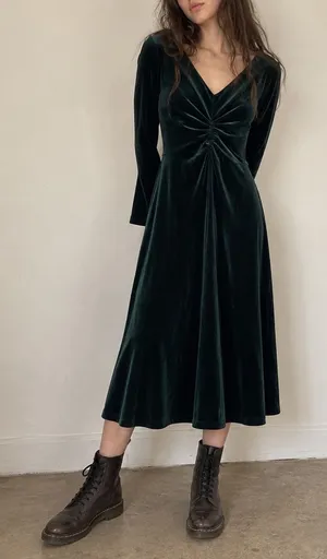 Eliza J Green Dark Velvet Dress Ruched Front Size 2 Fairy Grunge Goth Holiday thumbnail 1