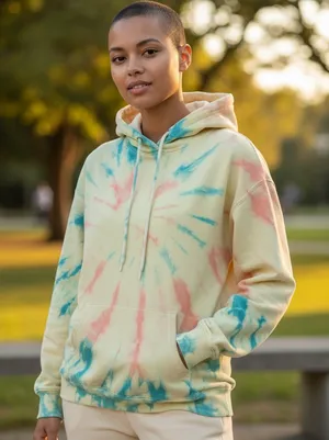 Vibrant Tie-Dye Hoodie - Yellow-Gold Orange, Green front pouch Size XL thumbnail 1