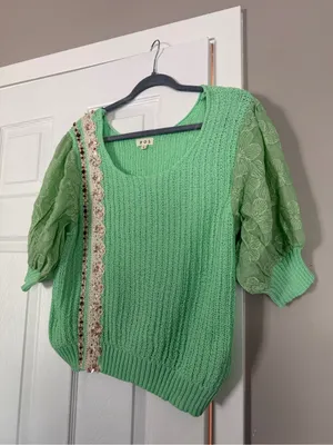 POL Mint Green Puff-Sleeve Knit Top with Lace Trim thumbnail 3