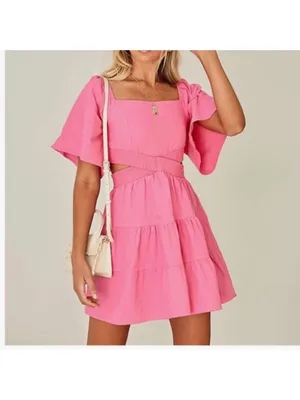 Shy Velvet Dress Womens L Crossover Cut Out‎ Waist Mini Summer Square Neck Pink thumbnail 3