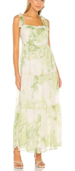 Line + Dot Green Tropical Maxi Dress SMALL Tiered Ruffle Cottage Vacation $115 thumbnail 1