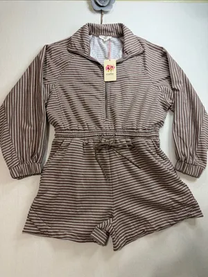entro Taupe & White Striped Half-Zip Romper thumbnail 3
