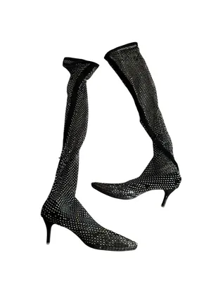 BLACK Mesh Rhinestone Pull On Boots Size JPN 24.5 / US 8.5 thumbnail 5