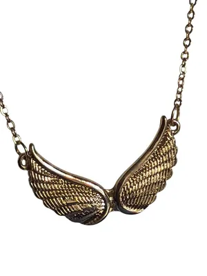 Gold Tone Angel Wings Pendant Necklace Textured Dainty 15" + 3" extender thumbnail 2