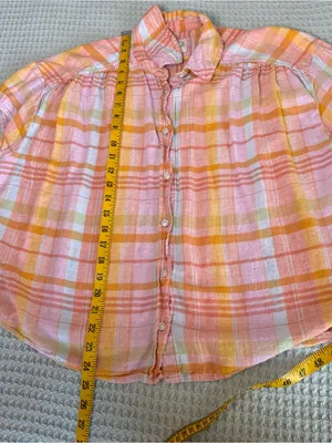 American Eagle Linen Blend Button Down Shirt Womens Small Orange Pink Plaid Boxy thumbnail 8