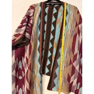 Eddie Bauer Southwestern Geometric Open Front‎ Cardigan Sweater Burgundy Teal L thumbnail 4